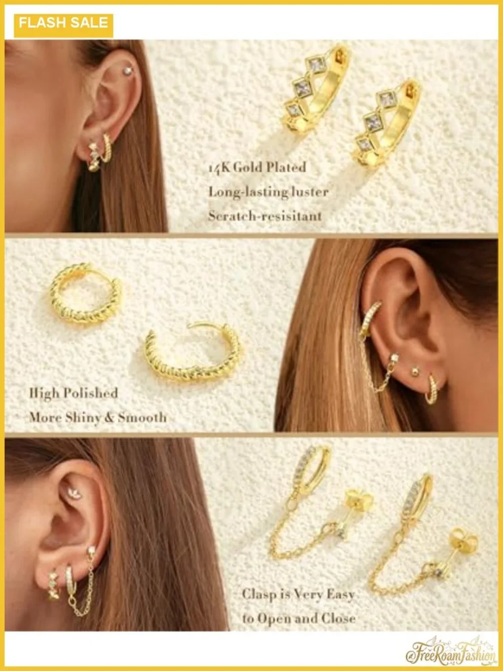 3 Pairs Dangle Hoop Chain Earrings Stacks for Women with CZ Huggie
